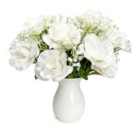 Petalup 14 Heads Artificial White Roses with 10 Stems Baby's Breath