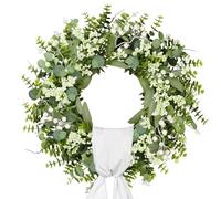 petalyn 18 Inch Green Eucalyptus Wreath for Front Door, Artificial Spring Boxwood Wreath with Big Berries and Sash for Farmhouse, Porch, Wall, Window, Wedding Indoor and Outdoor All Seasons