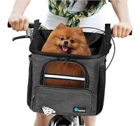 PetAmi Dog Bike Basket, Soft-Sided Ventilated Dog Bike Carrier Backpack, Dog Pet Bicycle Basket for Bike Handlebar, Small Medium Puppy Cat Kitten Car Booster Seat with Safety Strap (Dark Gray)