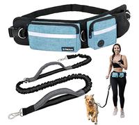 PetAmi Dog Hands Free Running Leash Belt Bag with Waist Double Zipper Pouch, Poop Bag Dispenser, Reflective Bungee Leash, Turquoise, 73 inches