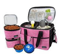 PetAmi Dog Travel Bag, Travel Pet Bag Organizer, Dog Food Travel Bag with Food Container and Bowls, Dog Travel Supplies Gift Accessories for Weekend Camping, Dog Cat Diaper Bag (Pink, Medium)