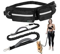 PetAmi Hands Free Dog Leash, Dog Running Leash Belt Bag for Walking, Jogging, Dog Waist Double Zipper Pouch with Poop Bag Dispenser, Dual Padded Handles Reflective Bungee Leash, Single (Black)