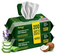 Petazy Pet Wipes for Dogs and Cats - 200 Count (8x8in) Hypoallergenic, Deodorizing Dog Wipes for Paws, Ears and Butt | XL with Aloe & Coconut Oil, Lavender Scented | Travel Size, 2 On-the-Go Packs
