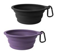 PetBonus 2-Pack Silicone Collapsible Dog Bowls, BPA Free Dishwasher Safe, Portable Foldable Expandable Travel Bowl, Food Water Feeding Cup Dish for Dogs Cats with 2 Carabiners (Black, Dark Purple)