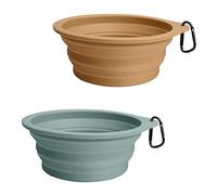 PetBonus 2-Pack Silicone Collapsible Dog Bowls, BPA Free Dishwasher Safe, Portable Foldable Expandable Travel Bowl, Food Water Feeding Cup Dish for Dogs Cats with 2 Carabiners (Turquoise, Tan)