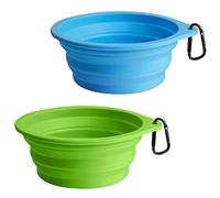 PetBonus 2-Pack Silicone Collapsible Dog Bowls, BPA Free Dishwasher Safe, Portable Foldable Expandable Travel Bowl, Food Water Feeding Cup Dish for Dogs Cats with 2 Carabiners(Light Blue, Light Green)