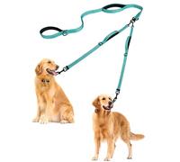PetBonus Double Dog Leash, No Tangle Dual Leash, Reflective Walking Training Lead, 4 Comfortable Padded Handles for 2 Dogs with Collapsible Bowl and Waste Bags (Turquoise, Large)