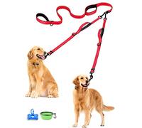 PetBonus Double Dog Leash, No Tangle Dual Leash, Reflective Walking Training Lead, 4 Comfortable Padded Handles for 2 Dogs with Collapsible Bowl and Waste Bags (Red, Large)