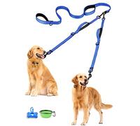 PetBonus Double Dog Leash, No Tangle Dual Leash, Reflective Walking Training Lead, 4 Comfortable Padded Handles for 2 Dogs with Collapsible Bowl and Waste Bags (Blue, Large)