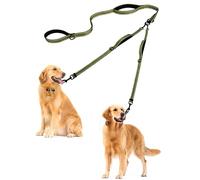 PetBonus Double Dog Leash, No Tangle Dual Leash, Reflective Walking Training Lead, 4 Comfortable Padded Handles for 2 Dogs with Collapsible Bowl and Waste Bags (Army Green, Large)