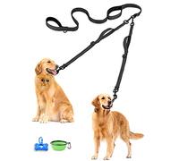PetBonus Double Dog Leash, No Tangle Dual Leash, Reflective Walking Training Lead, 4 Comfortable Padded Handles for 2 Dogs with Collapsible Bowl and Waste Bags (Black, Large)