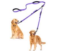 PetBonus Double Dog Leash, No Tangle Dual Leash, Reflective Walking Training Lead, 4 Comfortable Padded Handles for 2 Dogs with Collapsible Bowl and Waste Bags (Purple, Large)