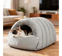 PETCUTE 2 in 1 Cozy Cat Cave Bed,Soft & Warm Enclosed Dog House with Non-Slip Bottom, Portable & Easy to Clean,Indoor Pet Bed for Cats and Small Dogs,Gray,M