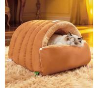 PETCUTE 2 in 1 Cozy Cat Cave Bed,Soft & Warm Enclosed Dog House with Non-Slip Bottom, Portable & Easy to Clean,Indoor Pet Bed for Cats and Small Dogs,Orange,S