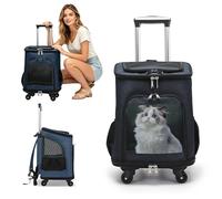 PETCUTE 3-in-1 Pet Carrier Backpack on Wheels,Breathable Cat Carrier with Wheels,Foldable Dog Backpack with Washable Removable Mat,Side Pockets for Hiking Walking Training Traveling,Dark blue