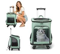 PETCUTE 3-in-1 Pet Carrier Backpack on Wheels,Breathable Cat Carrier with Wheels,Foldable Dog Backpack with Washable Removable Mat,Side Pockets for Hiking Walking Training Traveling,Apple green