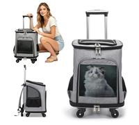PETCUTE 3-in-1 Pet Carrier Backpack on Wheels,Breathable Cat Carrier with Wheels,Foldable Dog Backpack with Washable Removable Mat,Side Pockets for Hiking Walking Training Traveling,Grey