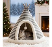 PETCUTE Cat Beds for Indoor Cats, Conical-Shaped Small Dog Cave with Hanging toy, Anti-Slip Bottom,Foldable Kitten Tent House, Super Soft Calming Pet House for Puppy and Kitty,Gray,M