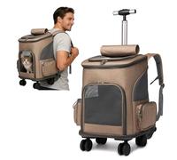 PETCUTE Cat Carrier Backpack with Wheels, 3-in-1 Pet Carrier Backpack with Removable Mat,Foldable Pet Travel Stroller with Breathable Mesh,Collapsible Dog Travel Bag for Small & Medium Pets,Khaki