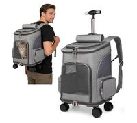 PETCUTE Cat Carrier Backpack with Wheels, 3-in-1 Pet Carrier Backpack with Removable Mat,Foldable Pet Travel Stroller with Breathable Mesh,Collapsible Dog Travel Bag for Small & Medium Pets,Light Grey