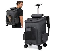 PETCUTE Cat Carrier Backpack with Wheels, 3-in-1 Pet Carrier Backpack with Removable Mat,Foldable Pet Travel Stroller with Breathable Mesh,Collapsible Dog Travel Bag for Small & Medium Pets,Dark Grey