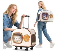 PETCUTE Cat Carrier Backpack with Wheels,Puppy Carrying Bag with Breathable Mesh,Collapsible Pet Carriers on Rolling Trolley with Removable Base and Telescopic Handle,for Travel, Hiking, Camping