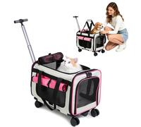 PETCUTE Cat Carrier on wheels, Soft-Sided Dog Carrier with Inner Safety Leash, Breathable Pet Carriers for Small-Medium Cats Puppies up to 5KG,Collapsible Travel Bag,Airline Approved,Pink