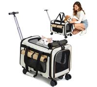 PETCUTE Cat Carrier on wheels, Soft-Sided Dog Carrier with Inner Safety Leash, Breathable Pet Carriers for Small-Medium Cats Puppies up to 5KG,Collapsible Travel Bag,Airline Approved,Khaki