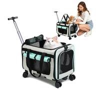 PETCUTE Cat Carrier on wheels, Soft-Sided Dog Carrier with Inner Safety Leash, Breathable Pet Carriers for Small-Medium Cats Puppies up to 5KG,Collapsible Travel Bag,Airline Approved,Light Green