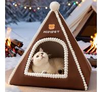 PETCUTE Cat Cave Bed Igloo,Warm and Soft Cat Tent Bed House with Removable Washable Cushion Pillow,Conical,Foldable Portable Kitten Tent House with Non-slip Bottom,Brown,M