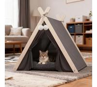 PETCUTE Cat Tent Bed,Pet Teepee for Cats, Kittens & Small Dogs,Foldable Wooden Triangular Frame Dog Tent with Removable and Washable Cushion,Cosy Indoor Shelter for Cats & Dogs,Gray