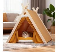 PETCUTE Cat Tent Bed,Pet Teepee for Cats, Kittens & Small Dogs,Foldable Wooden Triangular Frame Dog Tent with Removable and Washable Cushion,Cosy Indoor Shelter for Cats & Dogs,Yellow