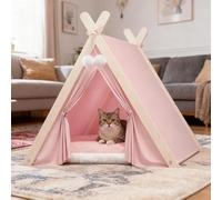 PETCUTE Cat Tent Bed,Pet Teepee for Cats, Kittens & Small Dogs,Foldable Wooden Triangular Frame Dog Tent with Removable and Washable Cushion,Cosy Indoor Shelter for Cats & Dogs,Pink