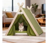 PETCUTE Cat Tent Bed,Pet Teepee for Cats, Kittens & Small Dogs,Foldable Wooden Triangular Frame Dog Tent with Removable and Washable Cushion,Cosy Indoor Shelter for Cats & Dogs,Green