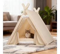 PETCUTE Cat Tent Bed,Pet Teepee for Cats, Kittens & Small Dogs,Foldable Wooden Triangular Frame Dog Tent with Removable and Washable Cushion,Cosy Indoor Shelter for Cats & Dogs,Beige