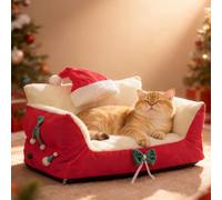 PETCUTE Christmas Cat Sofa,Washable Large Cat Beds for Indoor Cats with Non-slip Bottom,Fluffy Plush Dog Sofa Bed for Small Dogs, Puppy Couch with Removable Cover,Red,L