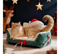 PETCUTE Christmas Cat Sofa,Washable Large Cat Beds for Indoor Cats with Non-slip Bottom,Fluffy Plush Dog Sofa Bed for Small Dogs, Puppy Couch with Removable Cover,Green,M