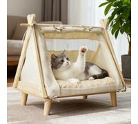 PETCUTE Cozy Pet Teepee,Portable Dog Teepee Bed Cat Tent with Thick Cushion,Washable,Foldable Wooden Frame,Indoor Outdoor Pet House for Dog Cat Rabbit Guinea Pig,Beige