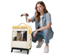 PETCUTE Dog Carrier Backpack with Wheels,Foldable Rolling Cat Backpack for Large Cats and Small Dog up to 7.5kg,Pupply Travel Carrier with Removable Mat,Safety Belt,Airline Approved,Yellow