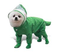 PETCUTE Dog Raincoat for Small Dogs, Waterproof Full Coverage Pet Rain Coat with Hood & Booties, Adjustable Velcro & Leash Hole, 4-leg Jacket for Pomeranian Shih Tzu,Green,2XL