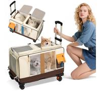 PETCUTE Double-Compartment Pet Carrier with Detachable Wheels,Foldable Rolling Carrier for 2 Small Cats/Dogs/Rabbits, Breathable,Pet Travel Bag with Safety Leash,Ideal for Traveling/Walking/Camping