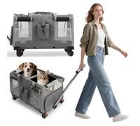 PETCUTE Double-Compartment Pet Rolling Carrier with Wheels for 2 Pets,Foldable Cat Rolling Carrier with Removable Mat,Telescopic Handle,Super Ventilated Design,Ideal for Traveling/Hiking/Camping,Gray