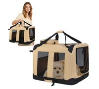 PETCUTE Foldable Pet Carrier for Small Dogs Cats, Breathable Mesh Dog Travel Carrier with Side Pocket & Roll-Up Privacy Shade,Portable Handheld Pet Travel Crate for Car Trip Vet Visit,Khaki