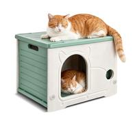 PETCUTE Outdoor Cat House Stackable,Waterproof Plastic Shelter for Multiple Pets,Kitten Shelter with Water-Resistant Openable Roof,Suitable for Cats & Small Dogs Indoors or Gardens,Green