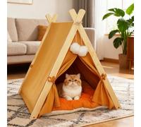 PETCUTE Pet Teepee for Cats, Kittens & Small Dogs,Foldable Cat Tents,Wooden Triangular Frame Dog Tent with Removable Cushion,Cosy Indoor Dog House for Cats & Dogs,Yellow
