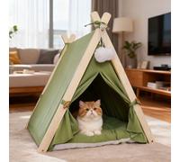 PETCUTE Pet Teepee for Cats, Kittens & Small Dogs,Foldable Cat Tents,Wooden Triangular Frame Dog Tent with Removable Cushion,Cosy Indoor Dog House for Cats & Dogs,Green