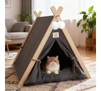 PETCUTE Pet Teepee for Cats, Kittens & Small Dogs,Foldable Cat Tents,Wooden Triangular Frame Dog Tent with Removable Cushion,Cosy Indoor Dog House for Cats & Dogs,Gray