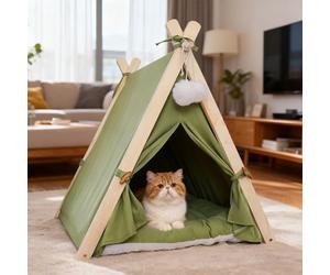 PETCUTE Pet Teepee for Cats, Kittens & Small Dogs,Foldable Cat Tents,Wooden Triangular Frame Dog Tent with Removable Cushion,Cosy Indoor Dog House for Cats & Dogs,Green