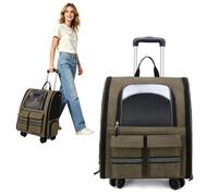 PETCUTE Rolling Dog Backpack Carrier with Wheels, Large Space Breathable Pet Travel Bag with Transparent Window,Foldable Cat Backpack with Front Storage Pockets for Small Cats Dogs,Khaki