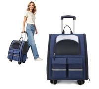 PETCUTE Rolling Dog Backpack Carrier with Wheels, Large Space Breathable Pet Travel Bag with Transparent Window,Foldable Cat Backpack with Front Storage Pockets for Small Cats Dogs,Blue